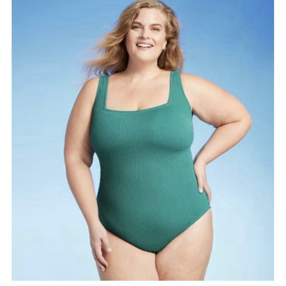 Kona Sol Teal Green Pucker Square Neck One Piece Swimsuit Size 14